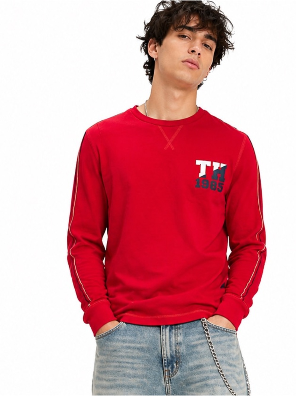 Tommy Hilfiger Red Long-Sleeve Crewneck Tee TH 1985 Chest Logo S Preppy Classic